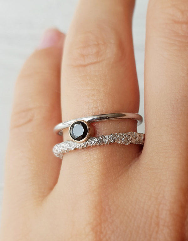 textures sterling silver ring with black cz