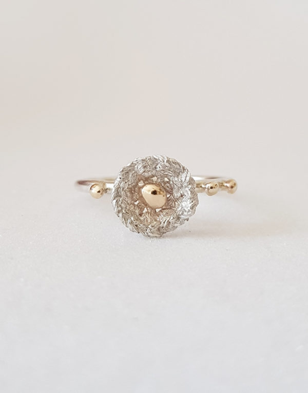 flower silver ring with gold droplets