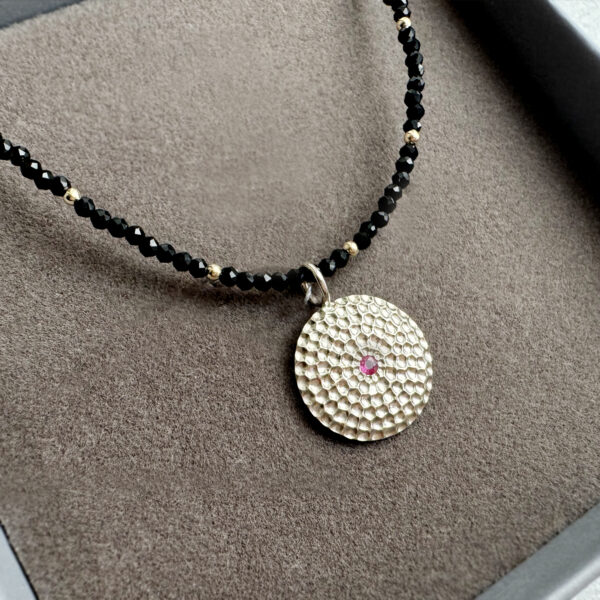 Unique 14K white gold pendant with ruby and spinel necklace